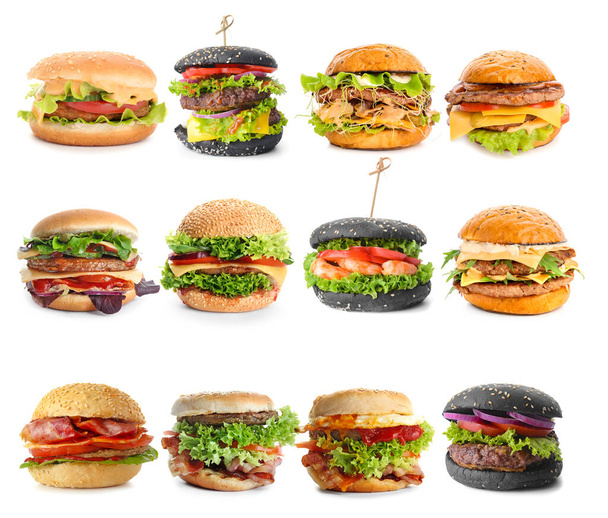 Beyaz arka planda farklı lezzetli hamburgerlerin kolajı - Fotoğraf, Görsel