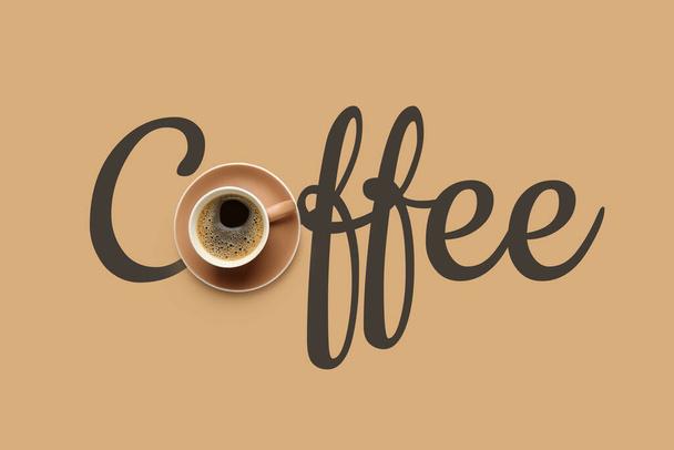 Cup of tasty drink and word COFFEE on color background - Foto, Imagen