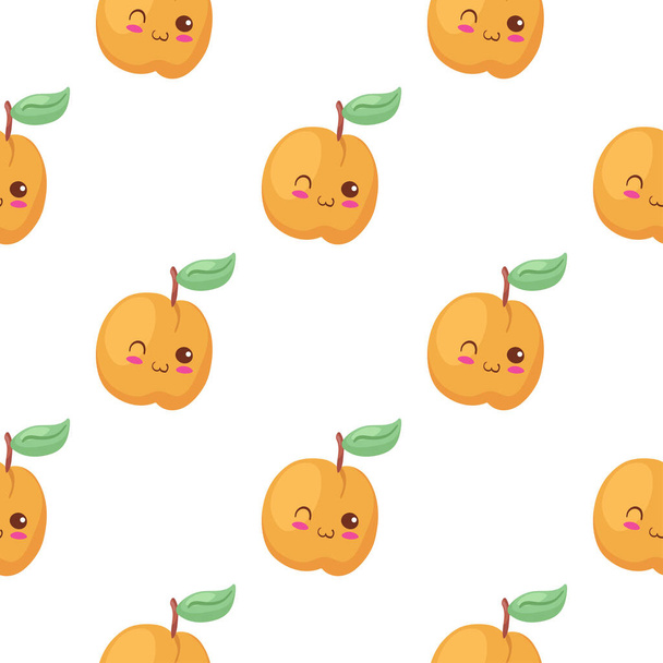 Kawaii Peach/Apricot seamless pattern. Cute vector illustration. Funny smiling & happy food characters isolated on white background. Use for cafe decorations, kids menu, fabric print. Summer fruits. - Vettoriali, immagini