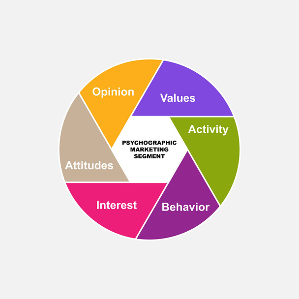 Diagrama del Segmento de Marketing Psicográfico con palabras clave. EPS 10 - aislado sobre fondo blanco - Vector, Imagen
