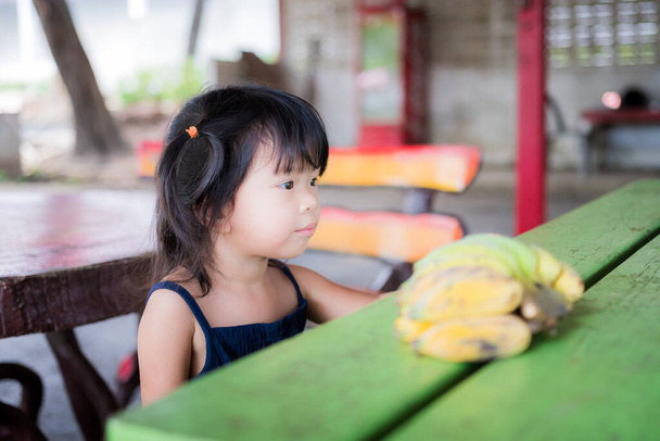 Adorable little girl sit on chair and banana comb was placed on green table in front of her. Cute child will bring bananas to feed the elephants. Preschool children aged 3 years old visit the zoo. - Foto, Bild