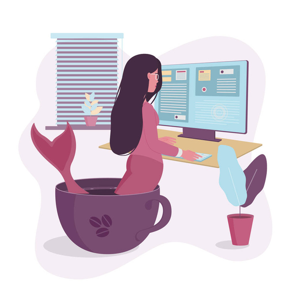 Work at home concept. Girl mermaid in a cup with coffee. Vector illustration. - Wektor, obraz