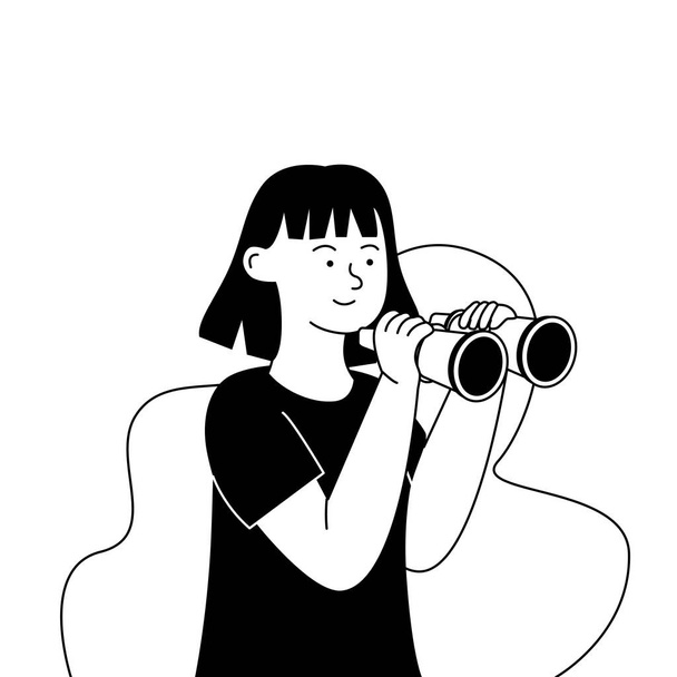 Ilustração preto e branco liso da menina com binóculos - Vetor, Imagem