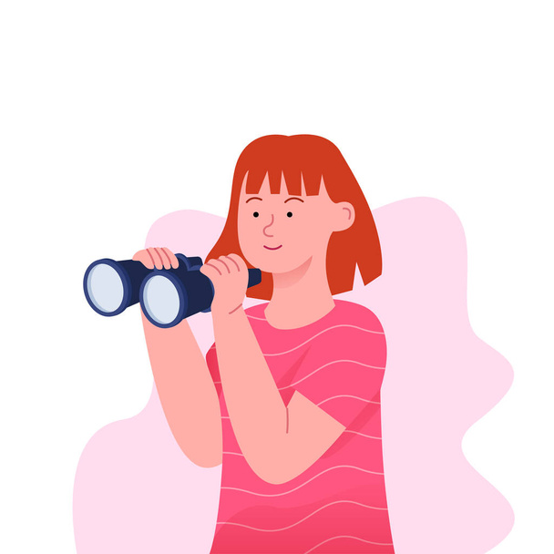 Menina com ilustração plana Binocular - Vetor, Imagem