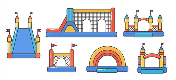 Een stel springkussens, opblaasbare kastelen. Toren en uitrusting voor kinderspeelplaats. Vector kleur lijn illustratie - Vector, afbeelding