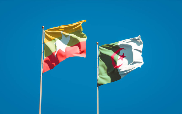 Gyönyörű nemzeti zászlók Mianmar és Algéria együtt az ég hátterében. 3D-s művészeti koncepció. - Fotó, kép