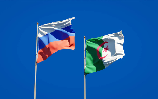 Krásné národní vlajky Ruska a Alžírska společně na pozadí oblohy. Koncept 3D uměleckých děl. - Fotografie, Obrázek