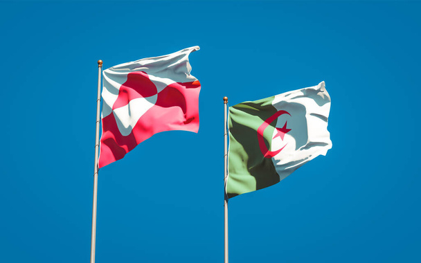 Gyönyörű nemzeti zászlók Grönland és Algéria együtt az ég hátterében. 3D-s művészeti koncepció. - Fotó, kép