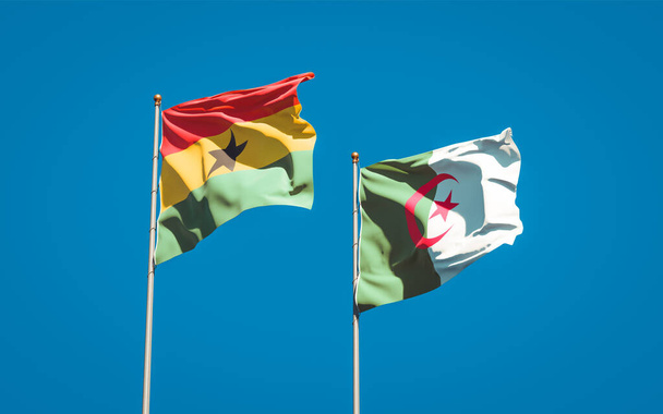 Όμορφες εθνικές σημαίες της Γκάνα και της Αλγερίας μαζί στο φόντο του ουρανού. Έννοια τρισδιάστατης τέχνης. - Φωτογραφία, εικόνα