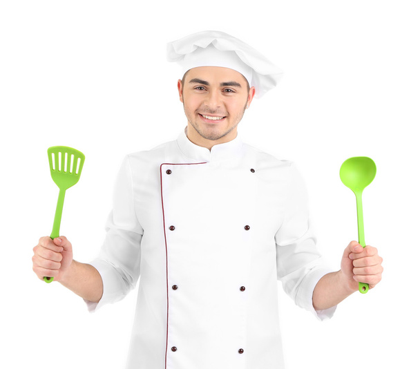 Professional chef in white uniform and hat, isolated on white - Foto, Imagen