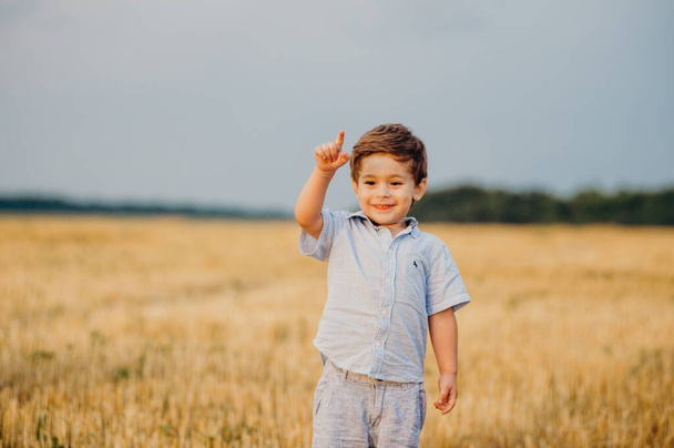 Емоційний маленький чарівний хлопчик грає в полі в теплих променях заходу сонця влітку. Концепція дитинства
. - Фото, зображення