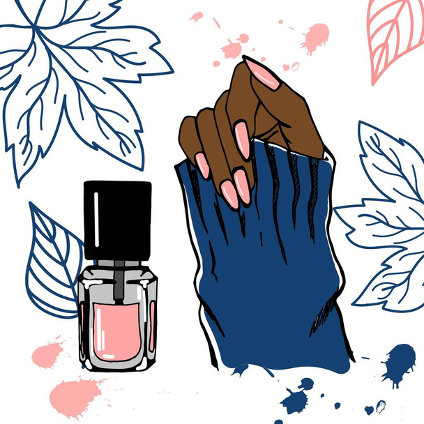 Hand van een donkergekleurde vrouw met een mooie manicure, vingers met geschilderde roze nagellak, een fles roze nagellak, vectorillustratie. - Vector, afbeelding