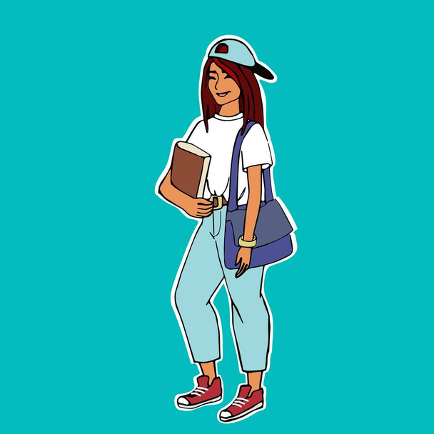 Tyttö lippalakissa valkoisessa T-paidassa ja sinisissä farkuissa kirja kädessään ja laukku olkapäällään, naisopiskelija laukku ja kirja kädessään, kuva doodle-tyyliin käsin piirretty - Vektori, kuva