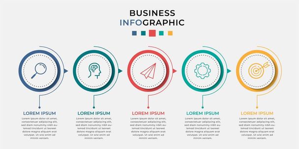 Business Infographic tasarım şablonu simgeli ve 5 seçenekli veya basamaklı Vektör. İşlem şeması, sunumlar, iş akışı düzeni, afiş, akış şeması, bilgi grafiği için kullanılabilir - Vektör, Görsel