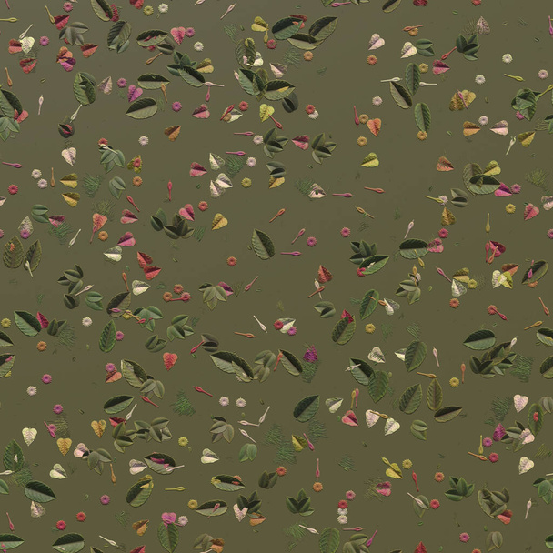 Hojas verdes y flores textura fondo primer plano, hojas de la bahía. Representación en 3D - Foto, imagen