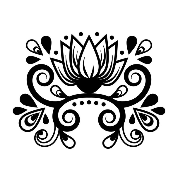 Abstract floral ornament, ethnic pattern, black and white drawing with curls, spirals, flower, decorative element, print, tattoo, coloring tracery isolated on white background. Vector illustration - Foto, imagen