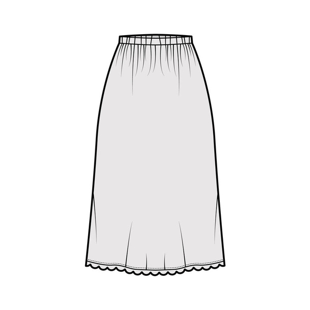 Skirt slip dirndl ilustración técnica de moda con silueta debajo de la rodilla, plenitud de una línea, fondo del borde festoneado - Vector, imagen