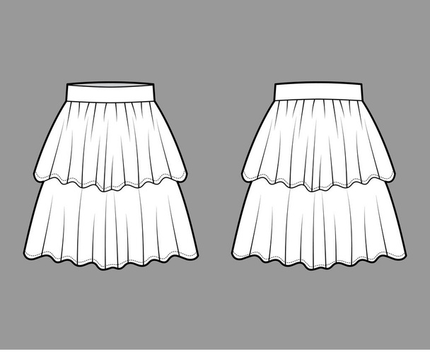 Φούστα layered flounce τεχνική απεικόνιση μόδας με το γόνατο μήκος σιλουέτα, κυκλική πληρότητα. Επίπεδο κάτω μέρος - Διάνυσμα, εικόνα