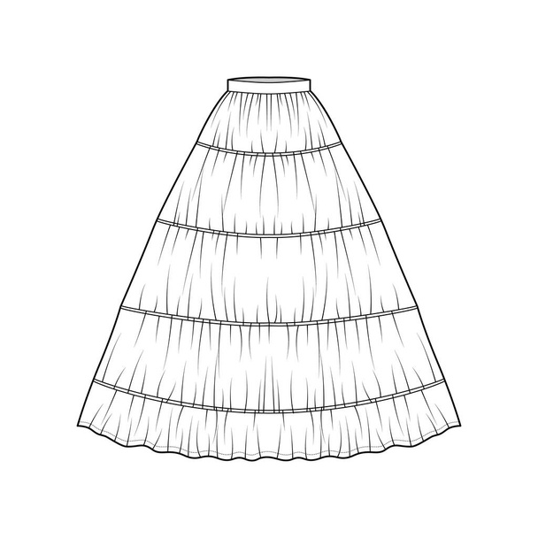 Košile spodničky pro šaty technické módní ilustrace s maxi podlahy délka siluety kruhová plnost spodní prádlo - Vektor, obrázek