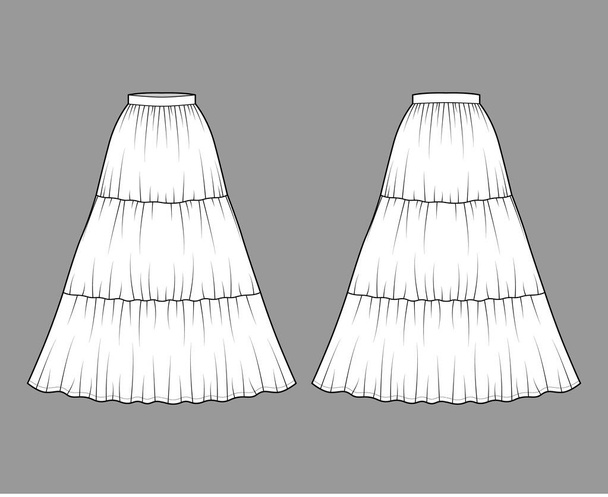 Спідниця циганський dirndl технічна модна ілюстрація з силуетом довжини підлоги максі, кругової повноти. Плоске дно
  - Вектор, зображення