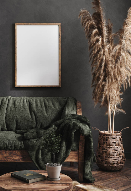 Mock up poster frame in dark green living room interior, ethnic style, 3d render - Fotografie, Obrázek
