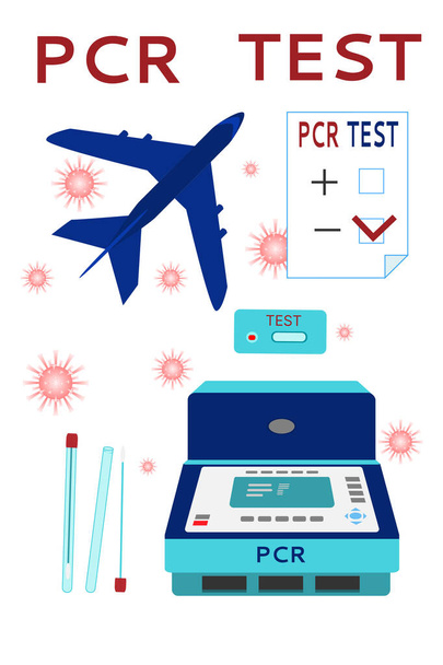 Test PCR do podróży samolotem. Wyposażenie laboratoryjne: wzmocnienie i test ekspresowy PCR, probówki. Ilustracja wektora. Styl płaski - Wektor, obraz