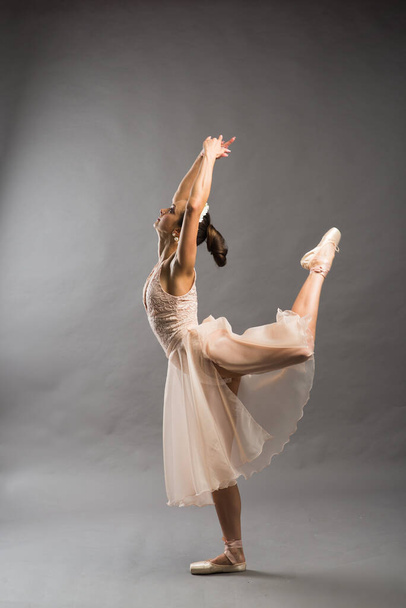 młody piękny baletnica w beżowy strój kąpielowy pozowanie na punkty na jasnoszary studio tło - Zdjęcie, obraz