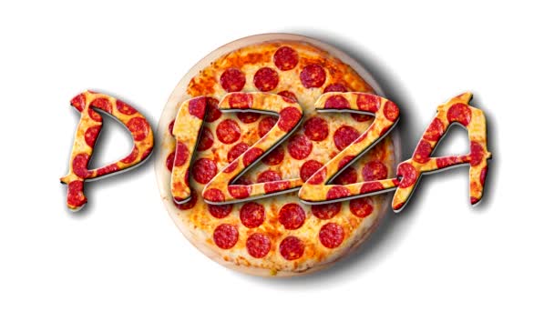 Видео вращающейся пиццы пепперони на белой тарелке с надписью Пицца - Кадры, видео