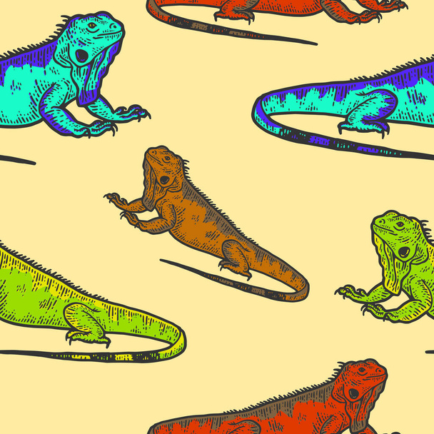 Esbozo de iguana sin costuras, dibujando un lagarto grande. Ropa impresión diseño color - Vector, imagen