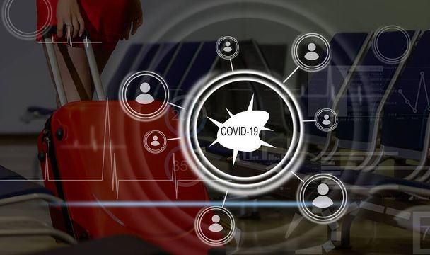 Ilustración digital del aeropuerto, con procesamiento de datos, negocios y distribución durante la pandemia de Coronavirus Covid-19 - Foto, imagen