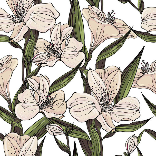 Seamless vector floral pattern with pastel pink Alstroemeria on a white background. - Vector, Image