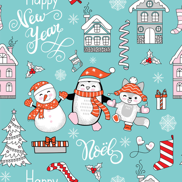 Seamless pattern vector illustration. Christmas characters, gifts, snowflakes and Christmas elements isolated on turquoise background. For decor,design,congratulation cards, design cushion, print. - Vettoriali, immagini