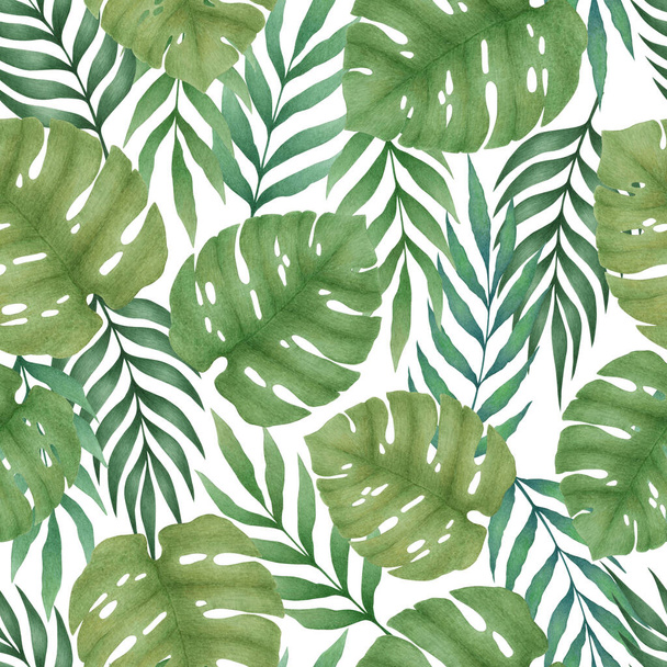 Seamless tropical pattern with watercolor hand drawn monstera leaves and palm branches isolated on white background. Floral illustration for design, print, fabric, textile - Photo, image