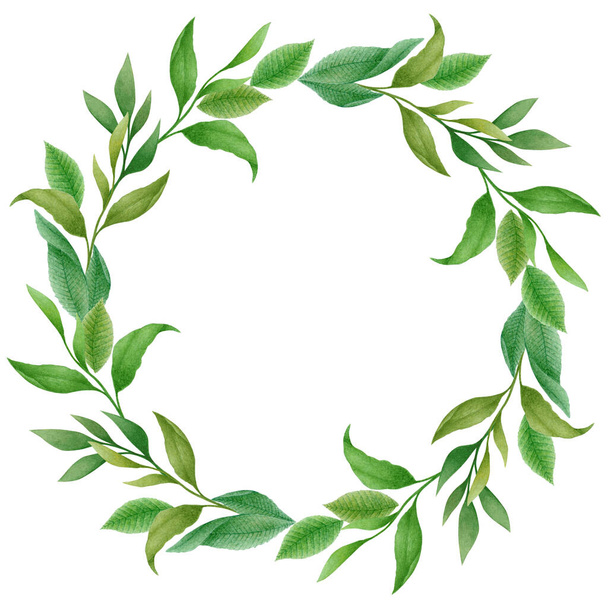Watercolor Illustration with hand drawn round floral wreath from green leaves and branches isolated on white background. Botanical design frame for wedding invitation, poster, greeting card - Φωτογραφία, εικόνα