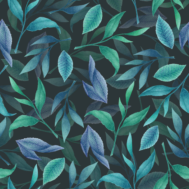Watercolor seamless pattern with blue hand drawn tea leaves and branches isolated on dark background. Botanical illustration for textile design, print, fabric, wallpaper - Photo, image