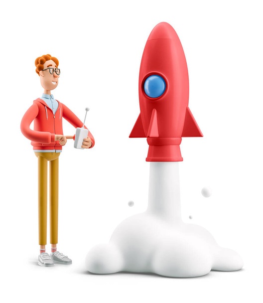 Illustration 3D. Nerd Larry lance une fusée. Innovation et concept de start-up. - Photo, image