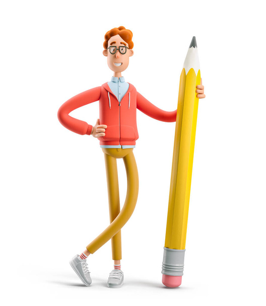 Ilustración 3d. Nerd Larry sosteniendo un lápiz grande. Concepto de creatividad, pensamiento creativo, idea innovadora, innovación, inspiración para el artista, creador. - Foto, Imagen