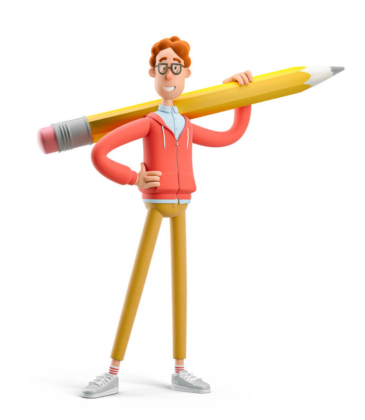 3D-Illustration. Nerd Larry hält großen Bleistift in der Hand. Konzept der Kreativität, kreatives Denken, innovative Idee, Innovation, Inspiration für Künstler, Schöpfer. - Foto, Bild
