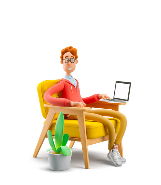 3d εικόνα. Ο σπασίκλας Λάρι κάθεται σε μια πολυθρόνα με φορητό υπολογιστή. Η έννοια της εξ αποστάσεως εργασίας, μελέτης και επικοινωνίας σε άνετες συνθήκες στο σπίτι. - Φωτογραφία, εικόνα