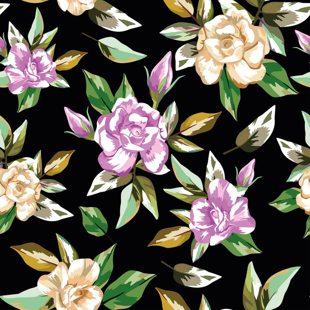 Print summer trendy abstract color beautiful rose flowers with green leaves seamless vector pattern on black background. Contemporary floral creative wallpaper - Vektor, obrázek