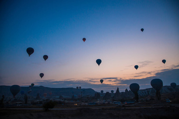 Balloons at dawn in the landscape of cappadocia - Zdjęcie, obraz