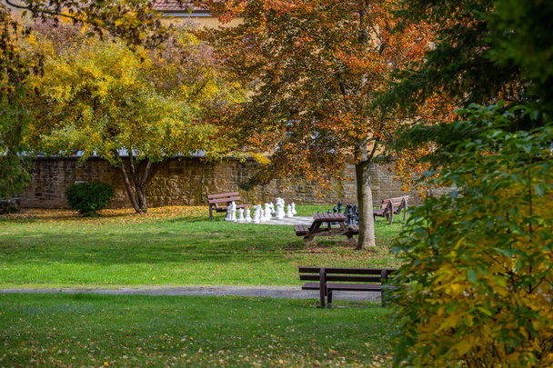 Stadspark in Meisenheim, Duitsland met bomen in herfstkleuren, schaken en bankje - Foto, afbeelding