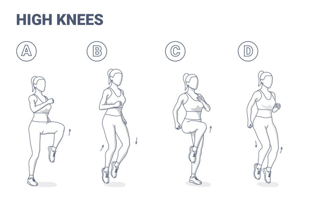 Υψηλά γόνατα άσκηση γυναίκα κινουμένων σχεδίων διάνυσμα εικόνα έννοια. - Διάνυσμα, εικόνα