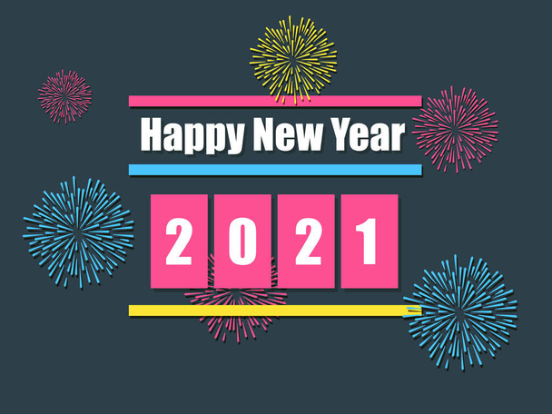 Happy New Year 2021 vector with fireworks, city, balloon and text design. - Vector, Image
