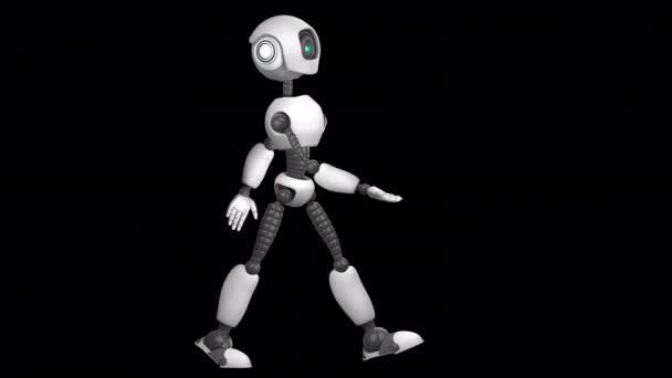 Un robot humanoïde marche et pointe avec ses mains vers quelque chose. Animation 2D. Canal alpha. Isolé sur fond transparent. - Séquence, vidéo