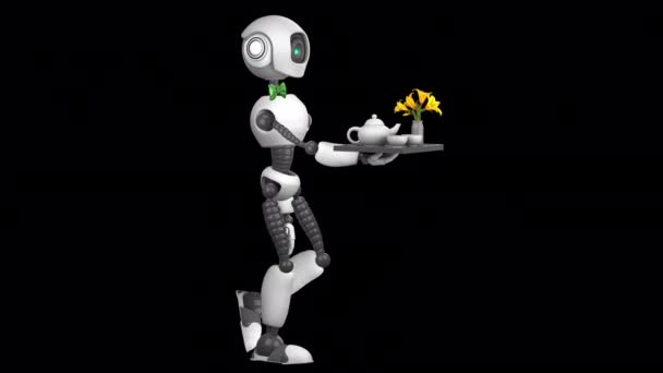 人型ロボットウエイターは食べ物や飲み物のトレイを運びます。ループ2Dアニメーション。アルファチャンネル。透明な背景に隔離された. - 映像、動画