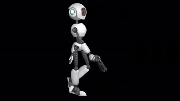 Een humanoïde agressieve robot met een wapen in zijn handen gaat en schiet. 2D animatie. Alfa kanaal. Geïsoleerd op transparante achtergrond. - Video