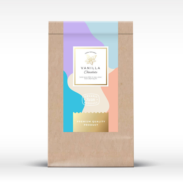 Craft Paper Bag with Minty Chocolate Label. Abstract Vector Packaging Design Layout with Realistic Shadows. Modern Typography, Hand Drawn Vanilla Flower Silhouette and Colorful Background. - Vektor, Bild
