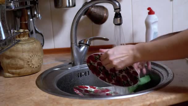 Vrouwelijke handen wassen vuile gerechten spons met schuim. Schoonmaakkeuken. Huishouding - Video