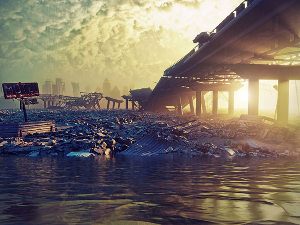 Sonnenuntergang Apokalypse Landschaft. 3D Illustrationskonzept - Foto, Bild